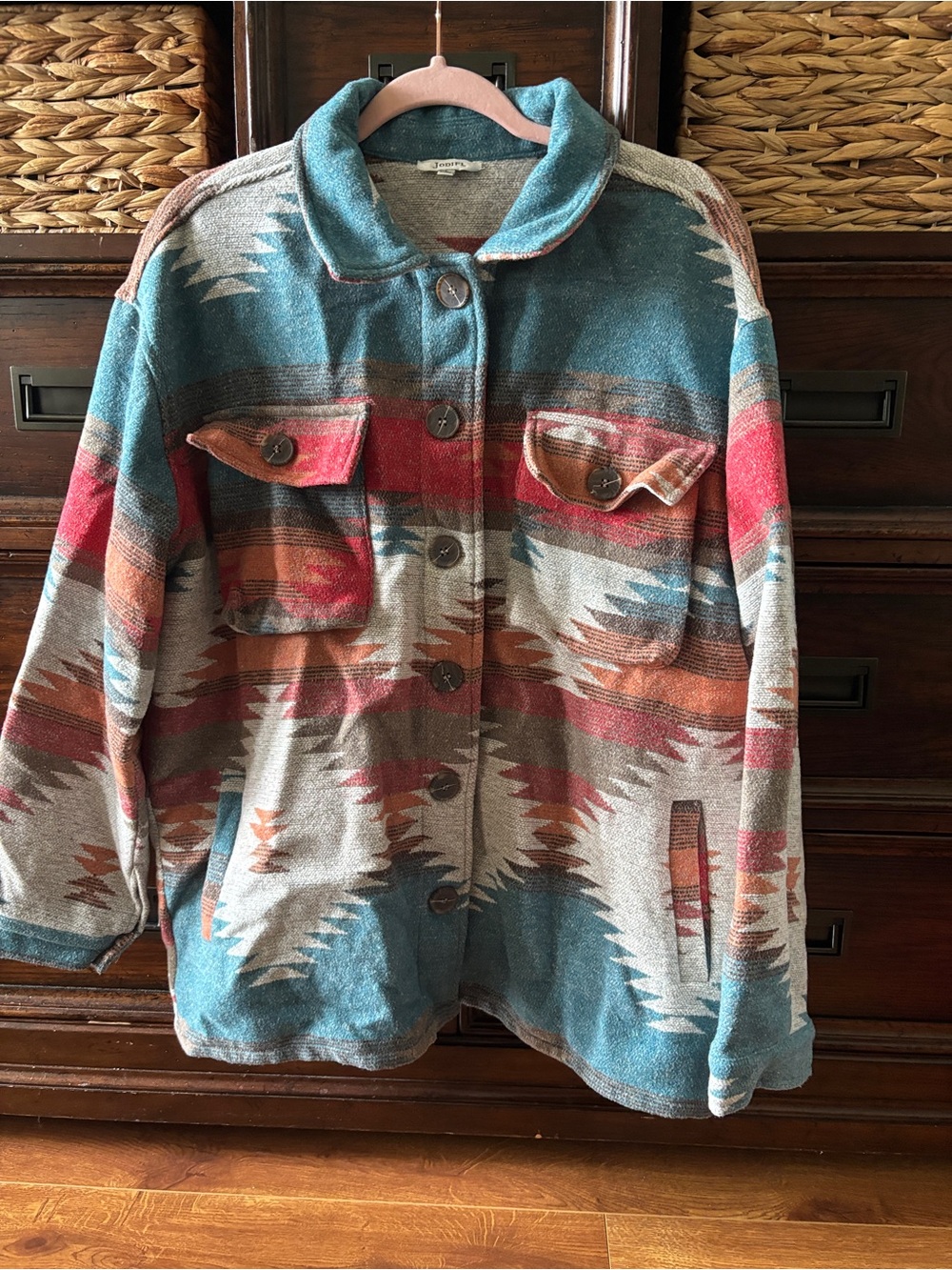JODIFL Teal, Rust and Cream Geometric Utility Jacket
